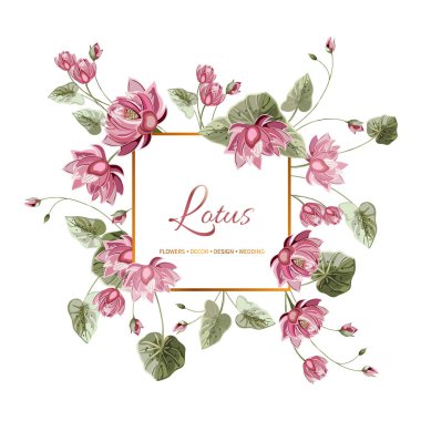 Vektör çiçek arka plan. Düğün kartı çerçeve ile. Sulu boya stilinde çizim çiçek botanik. Çiçekli pembe lotus, yeşillik çiçek Grup.