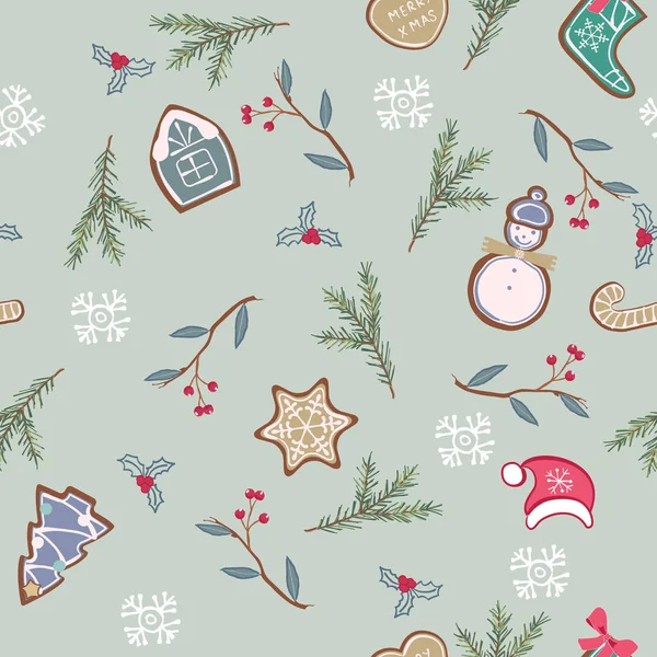 背景与手绘圣诞姜饼和云杉树枝. — 图库矢量图片
