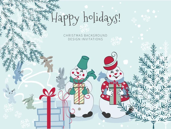 Bosquejo mano dibujo dibujos animados muñecos de nieve con regalos y árbol de Navidad — Archivo Imágenes Vectoriales