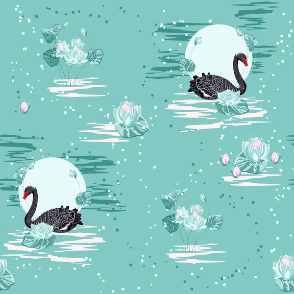 Cygne noir, motif sans couture de miniatures chinoises et japonaises — Image vectorielle