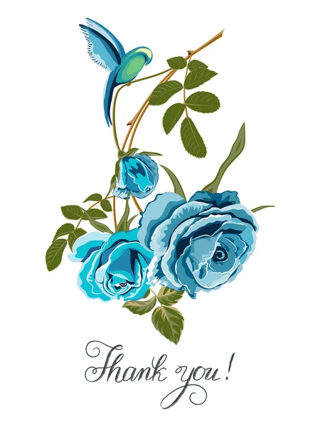 Card with bouquet of blue roses, lettering-Thank you — Stockvector