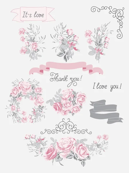 一套粉红色玫瑰的婚礼花束，安排 — 图库矢量图片