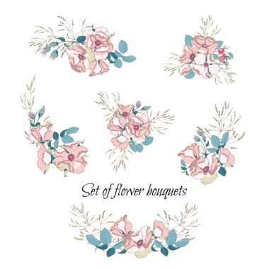 Dizi çiçek buketleri, güzel yabani gül pastel renkler ile düzenleme. Koleksiyon çiçek Grup, beyaz arka plan üzerinde izole tasarım öğesi. Vektör çizim