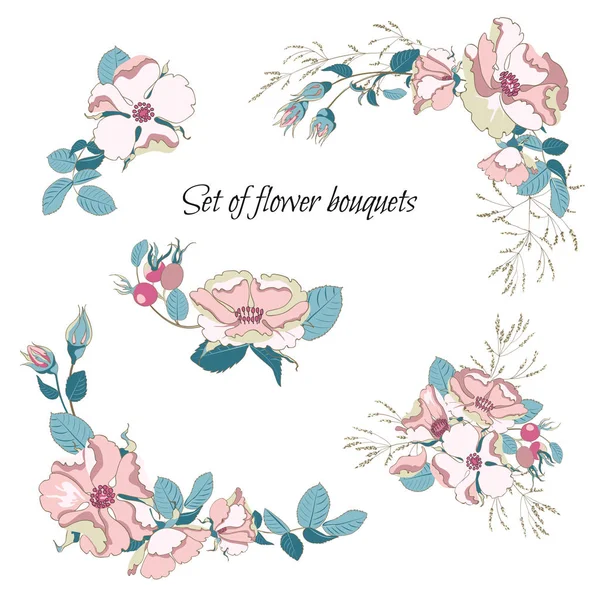 Set Von Blumensträußen Arrangement Mit Schönen Wildrosen Pastellfarben Sammlung Blumenstrauß — Stockvektor