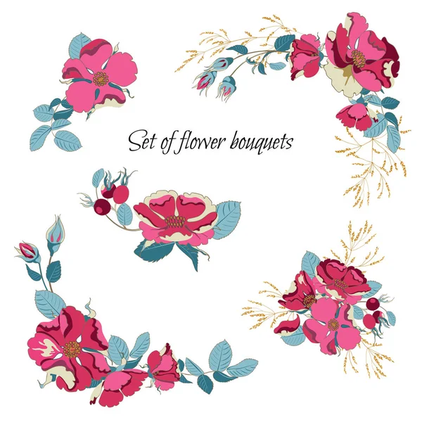 Ensemble de bouquets floraux, arrangement avec belle rose sauvage rouge, verdure . — Image vectorielle