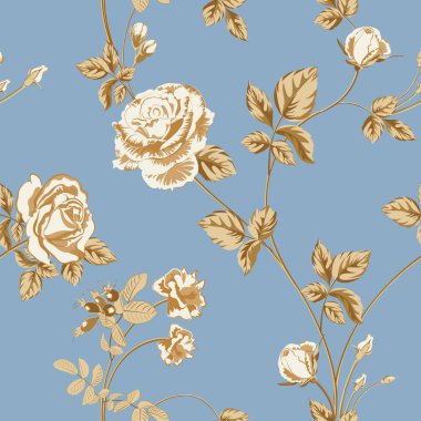 Altın gül çiçek ve twigs mavi tarzı suluboya içinde yapraklarla trendy çiçek arka plan. Çiçeklenme botanik motifleri rastgele dağılmış. Vektör seamless modeli moda parmak izi.
