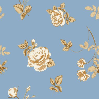 Altın gül çiçek ve twigs mavi tarzı suluboya içinde yapraklarla trendy çiçek arka plan. Çiçeklenme botanik motifleri rastgele dağılmış. Vektör seamless modeli moda parmak izi.