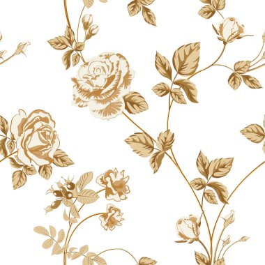 Altın gül çiçek ve twigs beyaz üzerinde stil suluboya içinde yapraklarla trendy çiçek arka plan. Çiçeklenme botanik motifleri rastgele dağılmış. Vektör seamless modeli moda parmak izi.