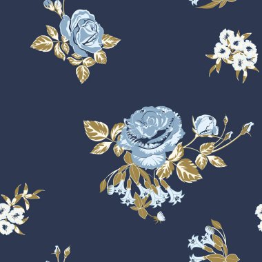 Trendy çiçek ve arka plan mavi güller çiçek dal ile stil suluboya, yapraklarda Indigo. Çiçeklenme botanik motifleri rastgele dağılmış. Vektör seamless modeli moda parmak izi.