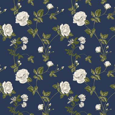 Trendy çiçek ve arka plan beyaz güller çiçek dal ile stil suluboya, yapraklarda Indigo. Çiçeklenme botanik motifleri rastgele dağılmış. Vektör seamless modeli moda parmak izi.