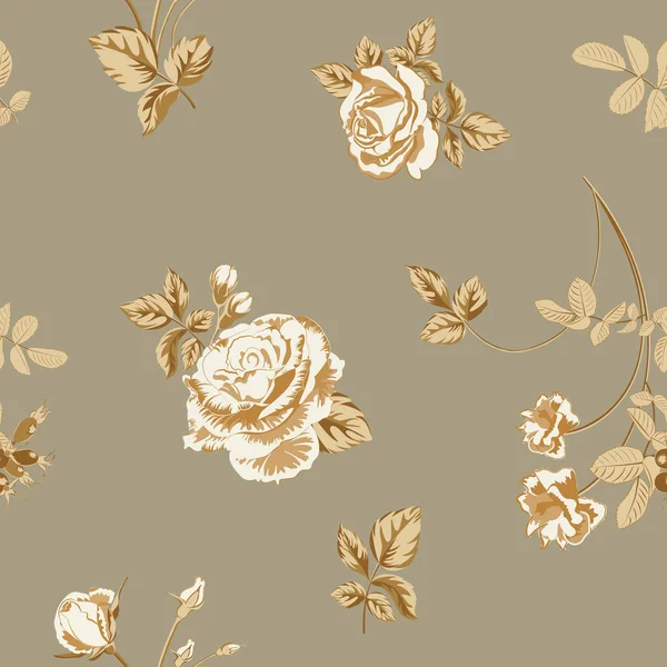 时尚的花卉背景与金色的玫瑰花和小枝与叶在风格的水彩画 绽放的植物图案随机分散 用于时尚打印的矢量无缝图案 — 图库矢量图片