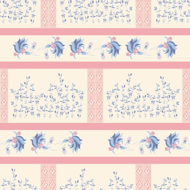 Geometrik öğeleri ve bitkisel motifler pastel renkler ile modaya uygun arka plan. Dallar ve yapraklar ve stilize tropik çiçekler ile sınır. Vektör seamless modeli moda parmak izi.