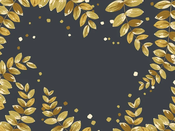 Background with framing of gold leaves. Composition of large exotic tropical leaves on black background.Vector illustration.