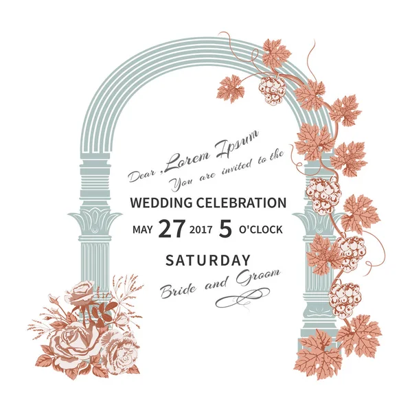 Convite de casamento com flores rosas e arco arquitetônico vintage, torcido com videira . — Vetor de Stock