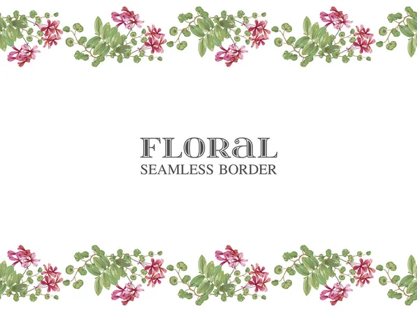 Bordure de fleurs et feuilles tropicales sauvages. Modèle horizontal linéaire sans couture — Image vectorielle