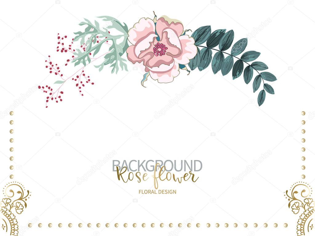 Composition of beautiful pink rose and flowering branch of wormwood, green tropical leaves