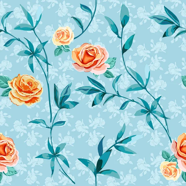 Blumenhintergrund mit gelben, orangen Rosen Blumen auf hellblauem Grund. — Stockvektor