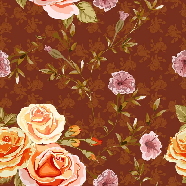 Цветочный фон с желтыми, оранжевыми розами цветы на красный коричневый — стоковый вектор