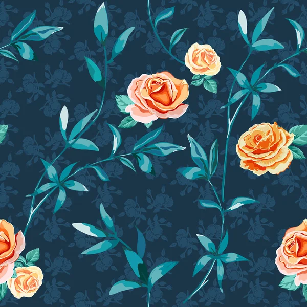 Fondo floral con rosas amarillas, naranjas flores y ramitas con hojas en azul oscuro — Vector de stock