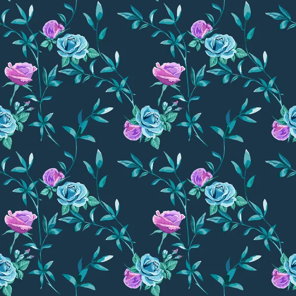 Fondo floral con rosas azules, lila flores y ramitas con hojas en estilo dibujado a mano en azul oscuro — Vector de stock