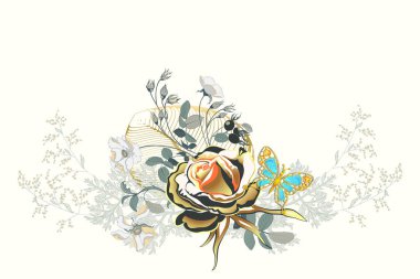 Altın takı olarak altın bir gül ve bir kelebek çiçek aranjmanı