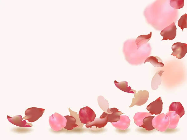 Літаючі червоні і рожеві пелюстки квітки троянди. Розмитий весняний фон . — стоковий вектор