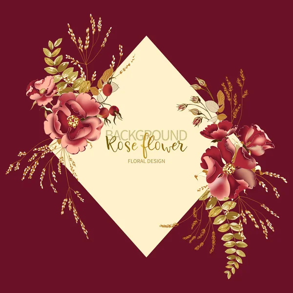 Composizione di belle foglie tropicali di rosa rossa e oro con cornice per testo su sfondo bordeaux — Vettoriale Stock
