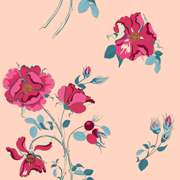 Blommig bakgrund med vackra röda vildros med Nypon — Stock vektor