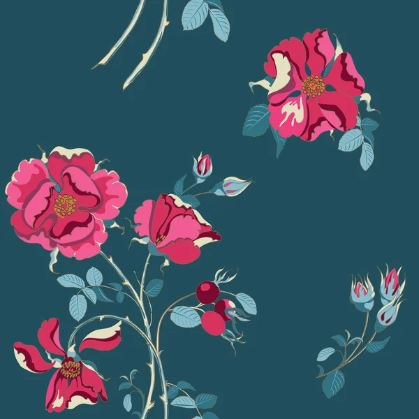 Blumenhintergrund mit schöner roter Wildrose mit Hagebutten — Stockvektor