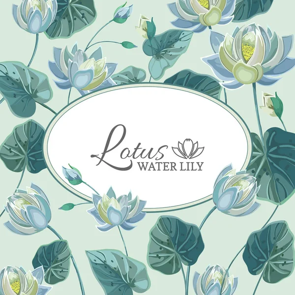 Kulatý nápis na pozadí botanických motivech s modrými lotosové květy — Stockový vektor