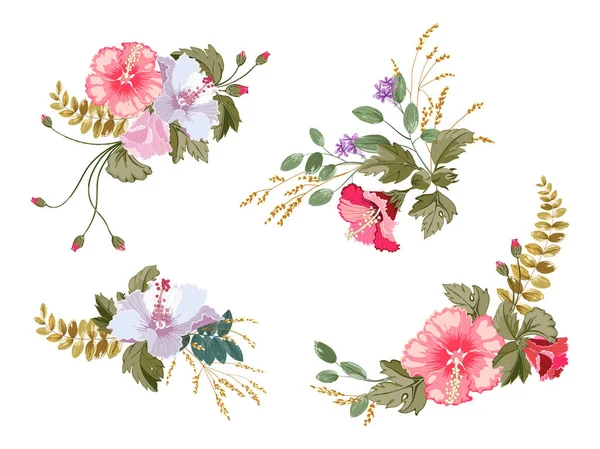 Set von floralen Bouquet von Hibiskusblüten und tropischen Blättern auf weißem Hintergrund. — Stockvektor