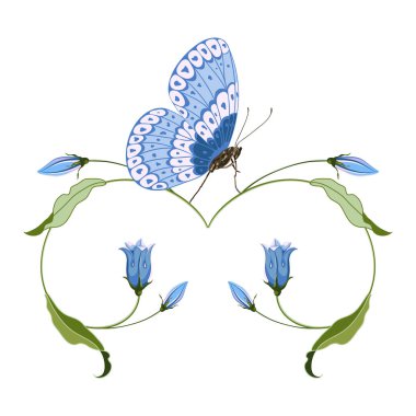 El mavi çan çiçek ve kelebek çizilmiş , beyaz arka plan üzerinde tasarım için kompozisyon.