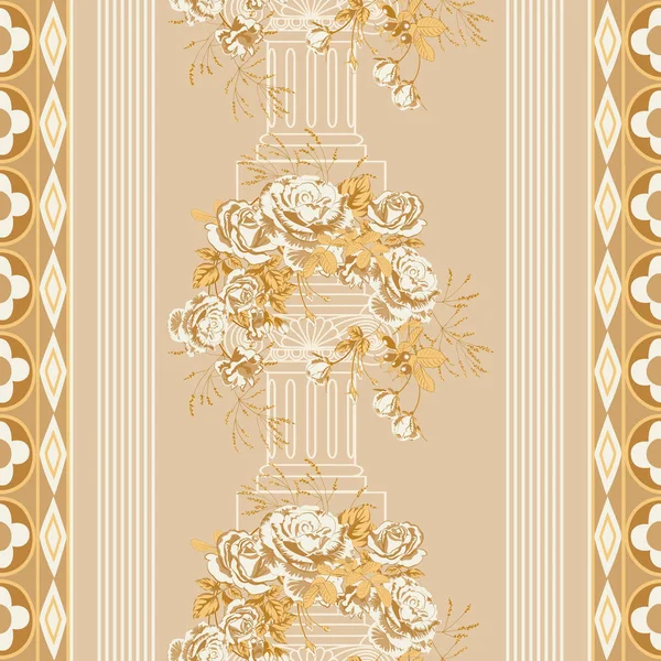 Wreath of golden roses flowers and vintage architectural column. — Stock Vector