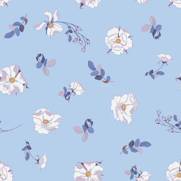 Florale achtergrond met kleine bloemen witte wilde roos en bladeren — Stockvector