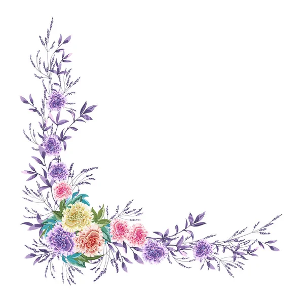 Guirlande de fleurs pour mariage, pétunia éponge coloré et feuillage sur fond blanc, composition d'angle . — Image vectorielle