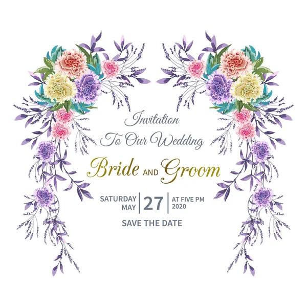 Convite de casamento floral com grinalda de flores de terry colorido petúnia e folhagem no fundo branco . — Vetor de Stock