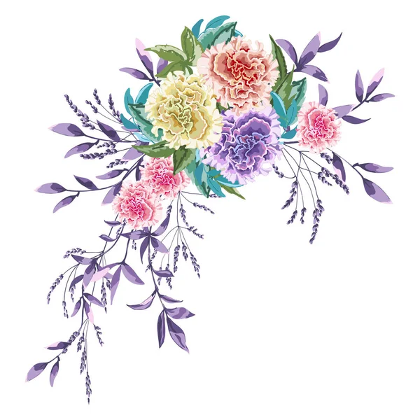 Blumengirlande für die Hochzeit, bunte Frottee-Petunien und Laub auf weißem Hintergrund. — Stockvektor