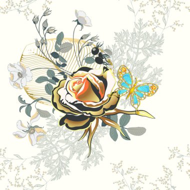 Flower arrangement Golden rose and butterfly as gold jewelry.seamless pattern clipart