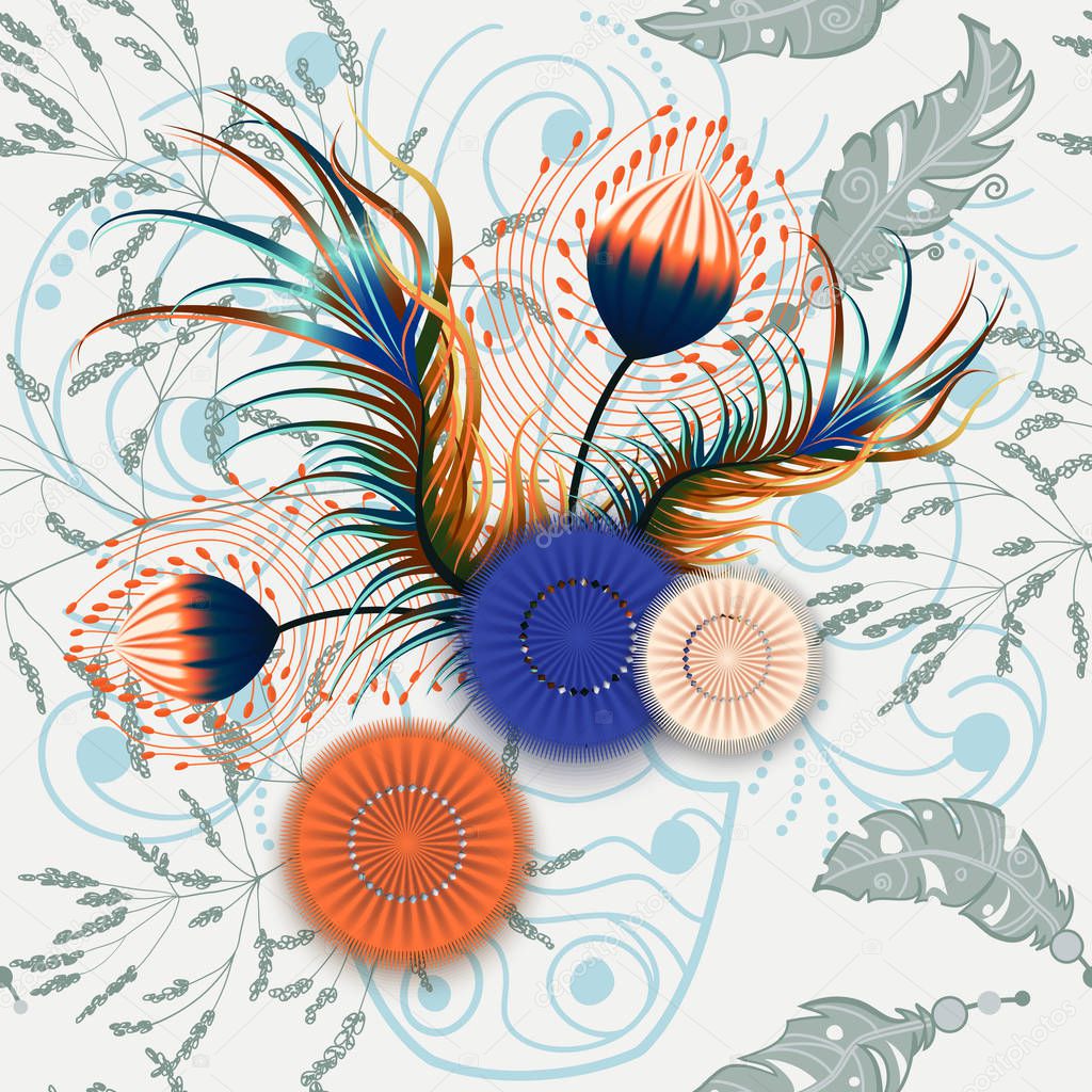 Flower arrangement colorful dreamcatcher with feathers and umbrellas.seamless pattern