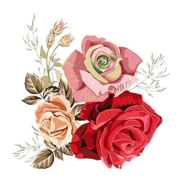 Blomsterarrangemang bukett vackra rosor på vit bakgrund, närbild. — Stock vektor