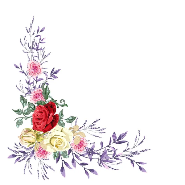 Blommig krans för bröllop, bukett vackra rosor blomma och lövverk på vit bakgrund, hörn komposition. — Stock vektor