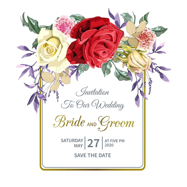 Kwiatowy zaproszenie ślubne z bukiet pięknych czerwonych, żółtych, różowych kwiatów róż i złotej ramki geometrycznej — Wektor stockowy