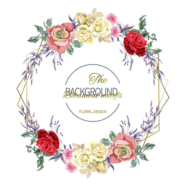 Bloemen bruiloft uitnodiging met boeket van mooie rode, gele, roze rozen bloem en Gouden geometrische frame. — Stockvector