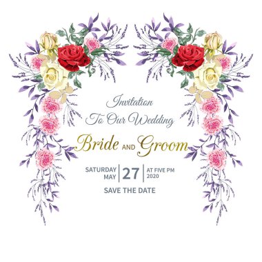 Beyaz arka planda güzel kırmızı, sarı, pembe gül çiçek ve yeşillik çelenk ile Çiçek düğün davetiyesi