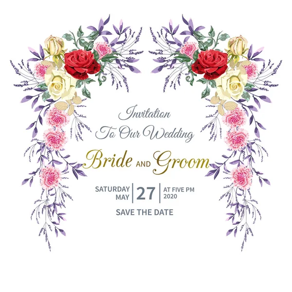 Pozvánka na svatební hostinu s Garlandem z krásných červených, žlutých, růžových růží květina a listoví na bílém pozadí — Stockový vektor