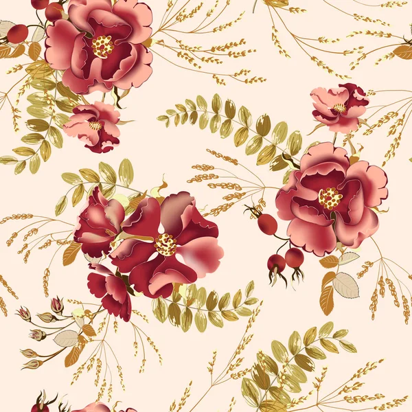 Illustration vectorielle de fleurs avec des roses bordeaux et des feuilles tropicales dorées . — Image vectorielle