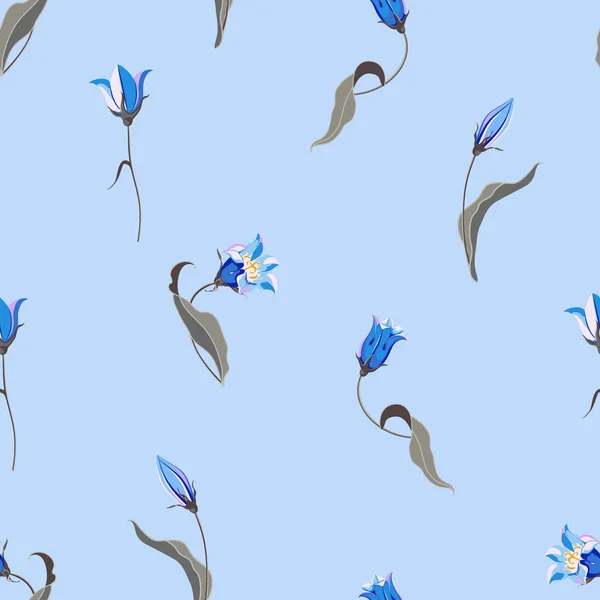 Sfondo floreale con piccolo fiore campana blu e foglie in stile disegnato a mano su blu . — Vettoriale Stock
