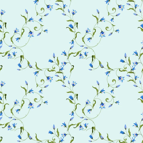 Nahtloses Muster mit Blumen blaue Glocke, kunstvolles Ornament auf hellblauem Hintergrund. — Stockvektor