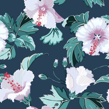 Beyaz arka plan üzerinde beyaz ebegümeci çiçek ve tropikal yaprakları Buket, dikişsiz desen