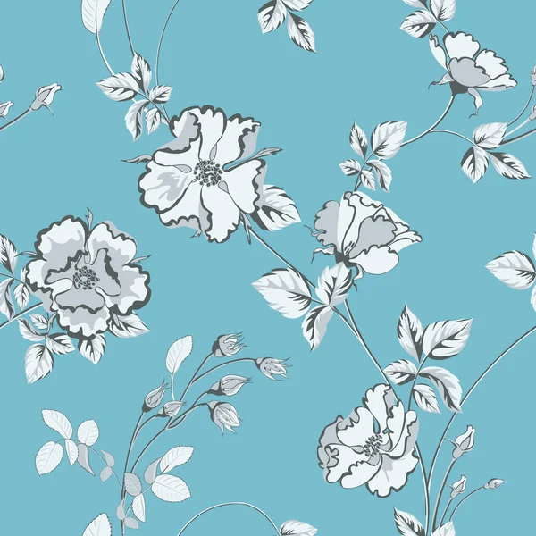 Ilustração do vetor da flor com rosas e folhas da cor monocromática no fundo azul . — Vetor de Stock